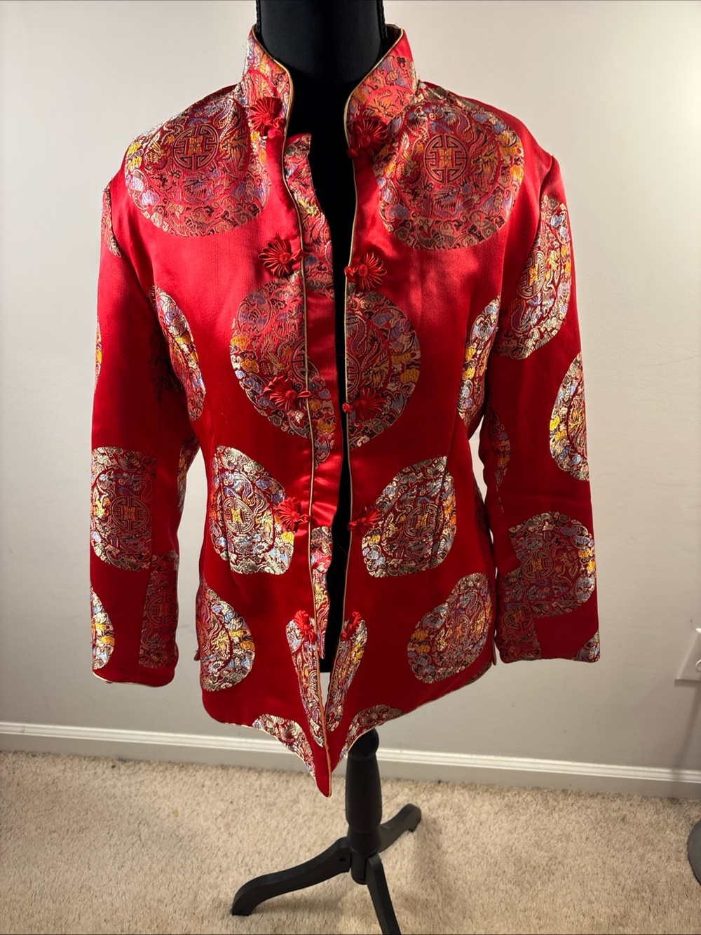 Red Brocade Mandarin Collar Blazer by Plum Blossom /420